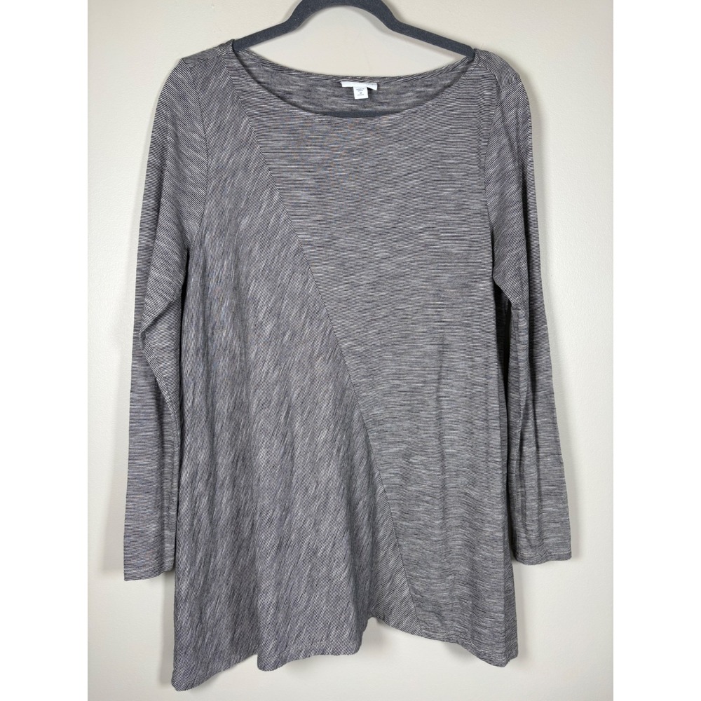 J. Jill Pure Jill Grey Striped Asymmetrical Tunic Top 100% Cotton MP Lagenlook